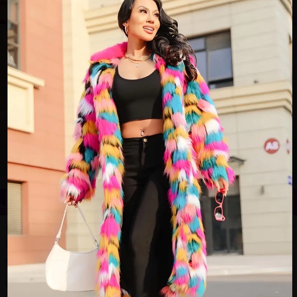 Colorful Faux Fur Coat - Picture 3 of 6